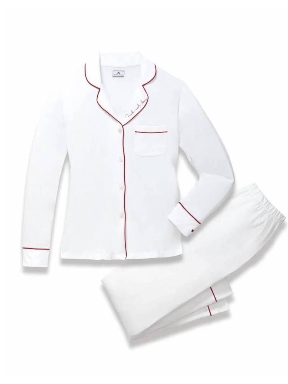 White Twill Pajama Set with Red Piping